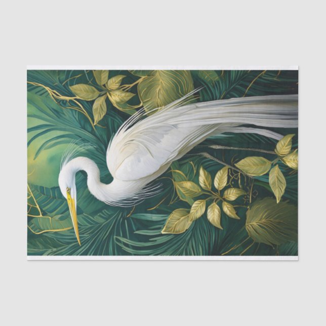 Papel De Seda Desenho Botânico Grou Branco, Tropical Elegante (Frente )