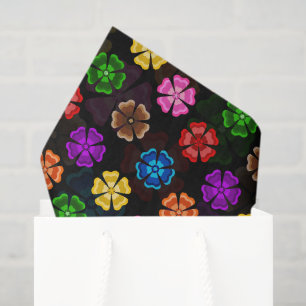 Papel De Seda Desenho de Flores Arco-íris Colorido Retro Preto 