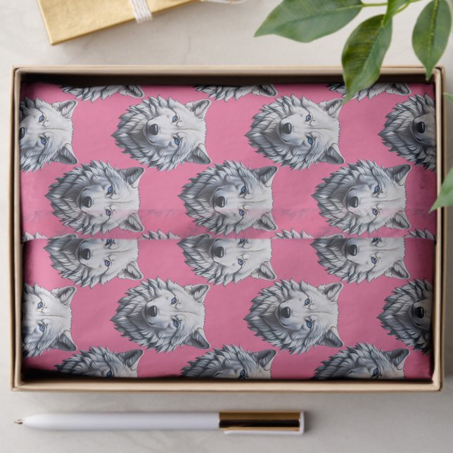 Papel De Seda Desenho de padrão de cabeça de lobo branco rosa (Criador carregado)