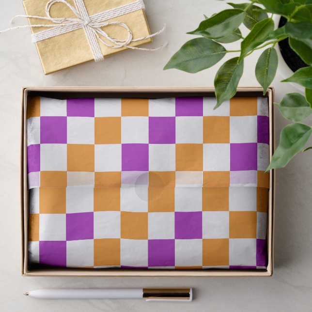 Papel De Seda Desenho de padrão xadrez laranja branco roxo  (Presente)