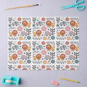 Papel De Seda Desenho estampado com leões e elefantes divertidos