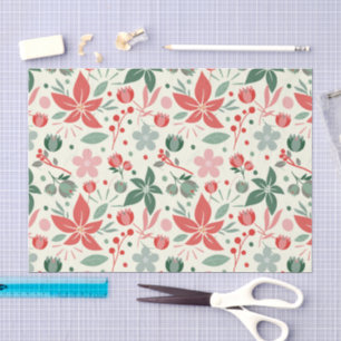 Papel De Seda Desenho Floral Brilhante com Folhas Verdes e Ponto
