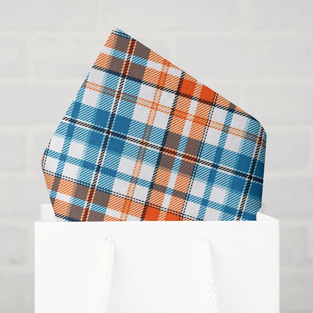 Papel De Seda Desenho Xadrez Escocês Laranja Azul Branco (Sacola de presentes)