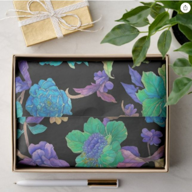 Papel De Seda Design Azul Roxo Aqua Jacobean Damask (Criador carregado)