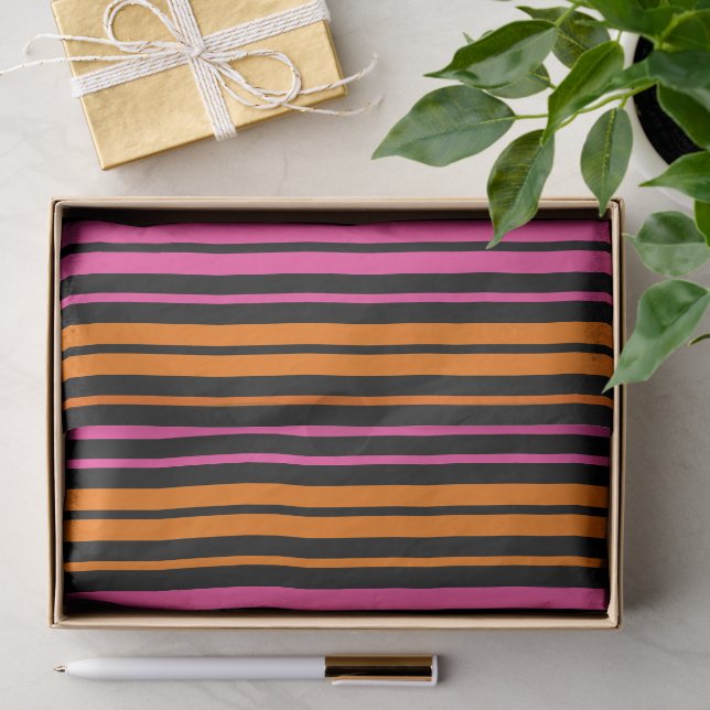 Papel De Seda Design de Listras Verticais Laranja Preto Rosa   (Presente)
