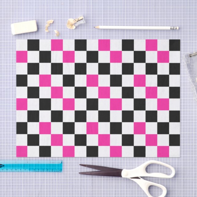 Papel De Seda Design de padrão xadrez rosa preto e branco  (Arte )