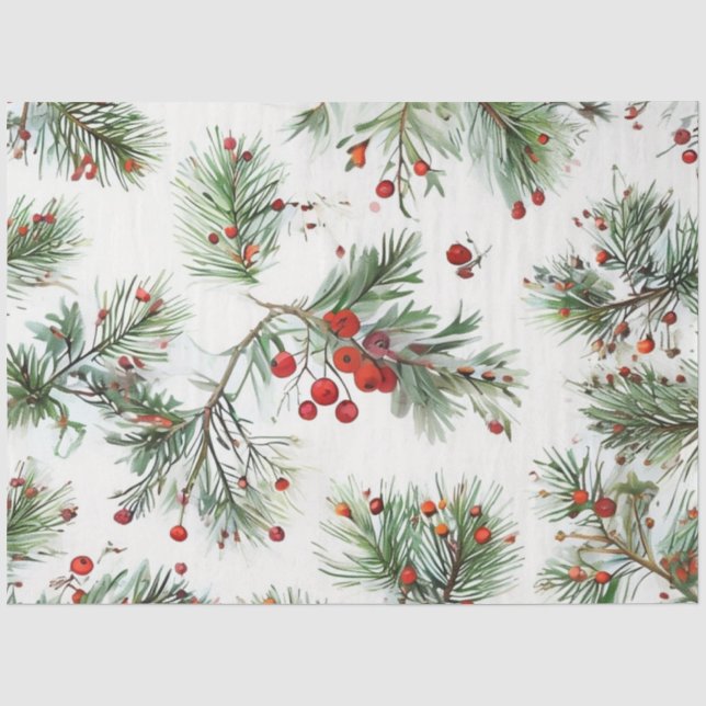 Papel De Seda Design de pinheiro vermelho de Natal e Berries (Frente )