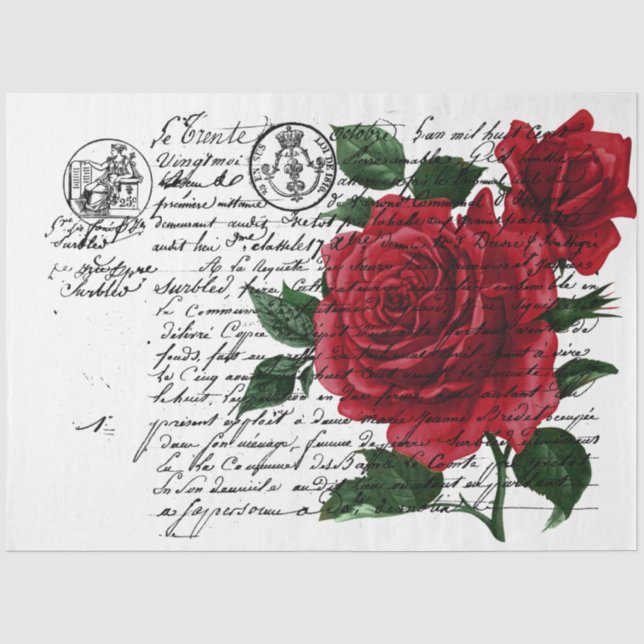 Papel De Seda Design de Série Escrita Francesa e Rosa Vermelha 1 (Frente )