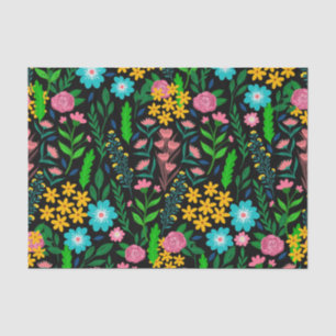 Papel De Seda Design Preto Bonito de Flores Azul-Rosa