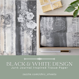 Papel De Seda Design Preto e Branco Inspirado em Junk Journal