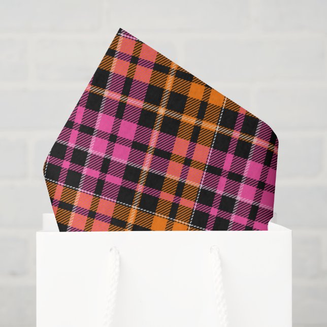 Papel De Seda Design Xadrez Escocês Laranja Rosa Preto  (Sacola de presentes)