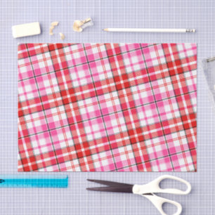 Papel De Seda Design Xadrez Tartan Branco Vermelho Rosa