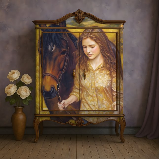 Papel De Seda Desligamento de Campos de Outono da Garota ouro (Golden Girl with Chestnut Horse - Autumn Fields Decoupage Tissue Paper)