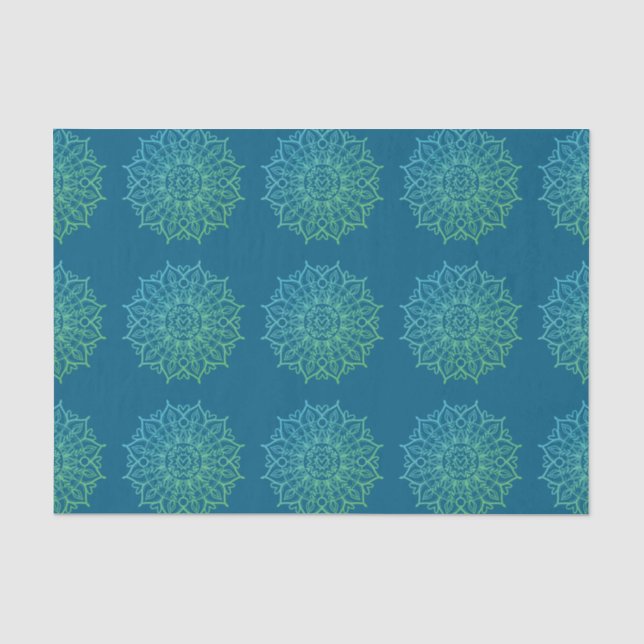 Papel De Seda Desligamento de Mandala Boho, um Ombre Verde Azul  (Frente )