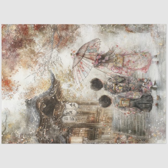 Papel De Seda Desligar 3 Crianças Kimonos e Parasol (Frente )