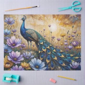 Papel De Seda Detailed Peacock in Floral Landscape