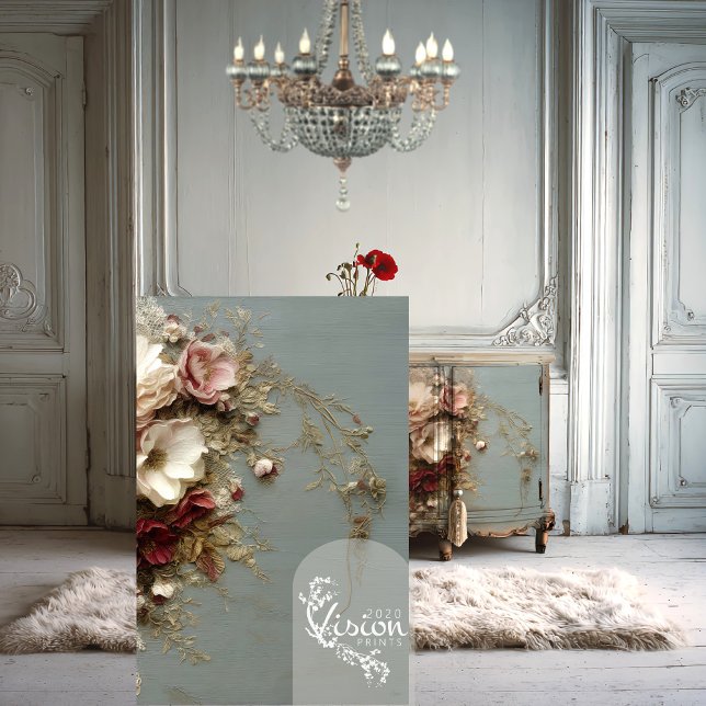 Papel De Seda DEVANEIO EM FLOR III Renda & Botânica (Light grey blue Heritage room, chandelier and close up of a botanical mock up poster )