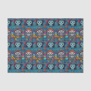 Papel De Seda Dia de Muertos, padrão de crânios de açúcar azul
