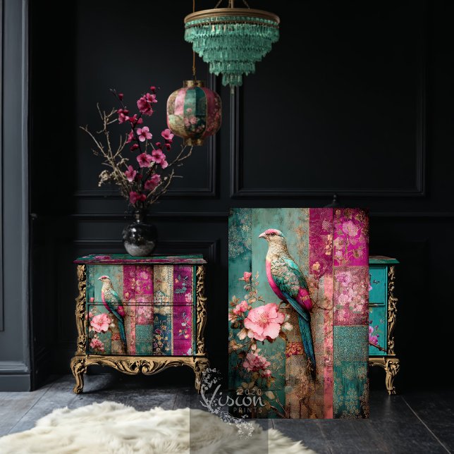 Papel De Seda Dinastia dos Sonhos, Colagem de Remendo de Pássaro (Dream Dynasty, Bird & Floral, Chinoiserie, Patchwork Collage Decoupage Tissue Paper.)