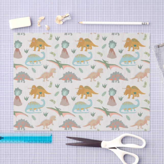 Papel De Seda Dinosaurs Kids Hand Drawn Boho Dinosaur Pattern (Arte )