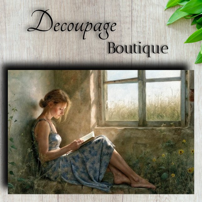 Papel De Seda Dissociação da casa de cabine de leitura azul russ (Rustic Blue Reading Lady - cottage Decoupage Paper)