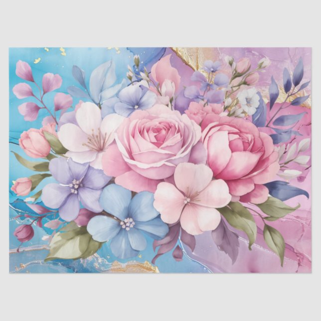 Papel De Seda Dissociação de Buquês Florais Vibrantes Aqua e Ros (Frente )