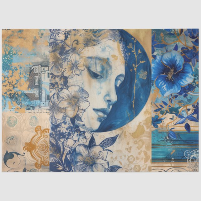 Papel De Seda Dissociação de Colagem de Arte Abstrato Azul Indig (Frente )