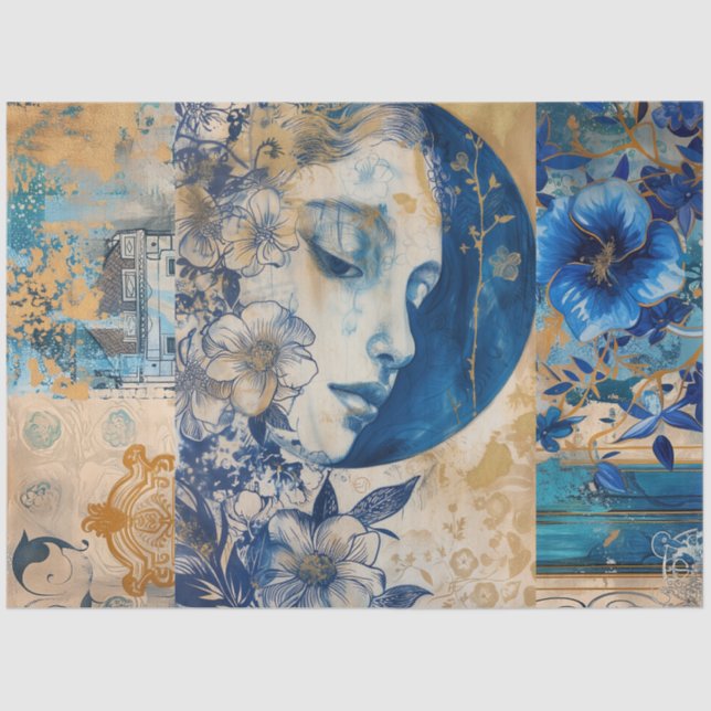 Papel De Seda Dissociação de Colagem de Arte Abstrato Azul Indig (Frente )