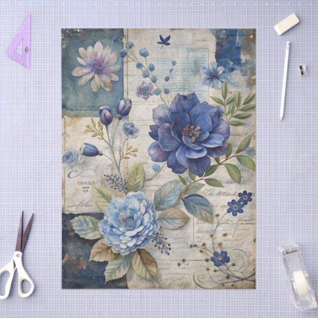 Papel De Seda Dissociação de Colagem Floral Azul Inspirada na Vi (Arte )