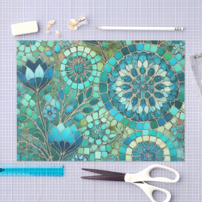 Papel De Seda Dissociação de Flores Verdes Azuis Marinho Mosaico (Arte )