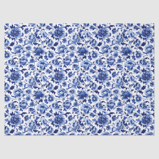Papel De Seda Dissociação de Padrão Branco Azul Floral Chinoiser (Frente )