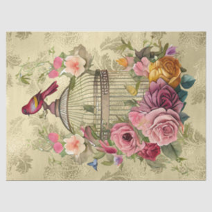 Papel De Seda Dissociação Dourada de Gaiola Floral de Aquarela