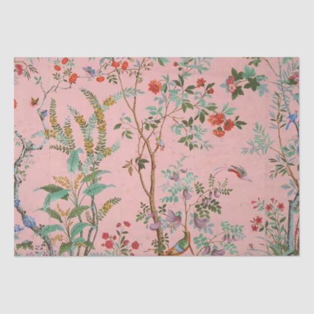 Papel De Seda Dissociação Floral de Pássaro Chinoiserie Rosa (Frente )