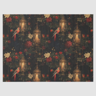 Papel De Seda Dissociação Floral de Pássaros Vermelhos e Lantern