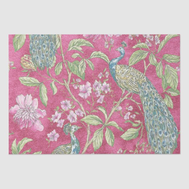 Papel De Seda Dissociação floral de pavão rosa Chinoiserie (Frente )