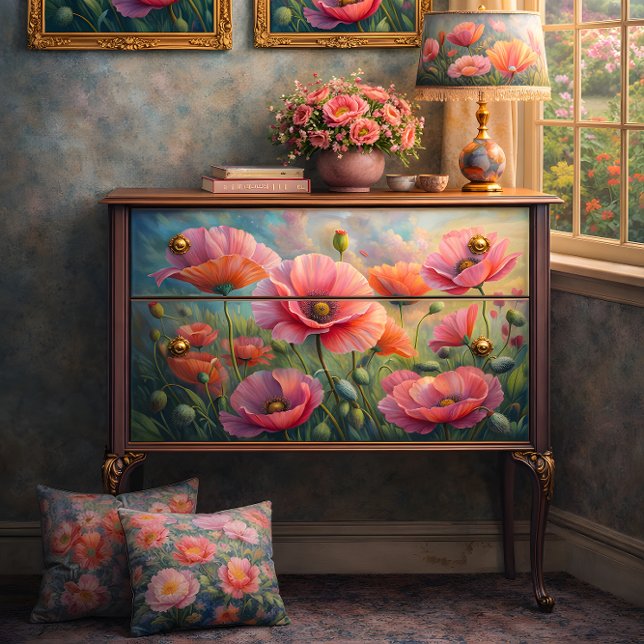 Papel De Seda Dissociação Floral do Jardim Rosa Pópia (Pink Poppy Garden Floral Decoupage Tissue Paper)