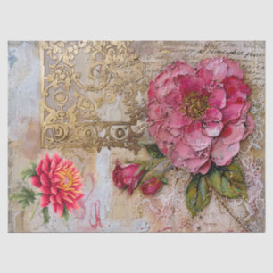 Papel De Seda Dissociação Floral Vintage Rosa e Dourada