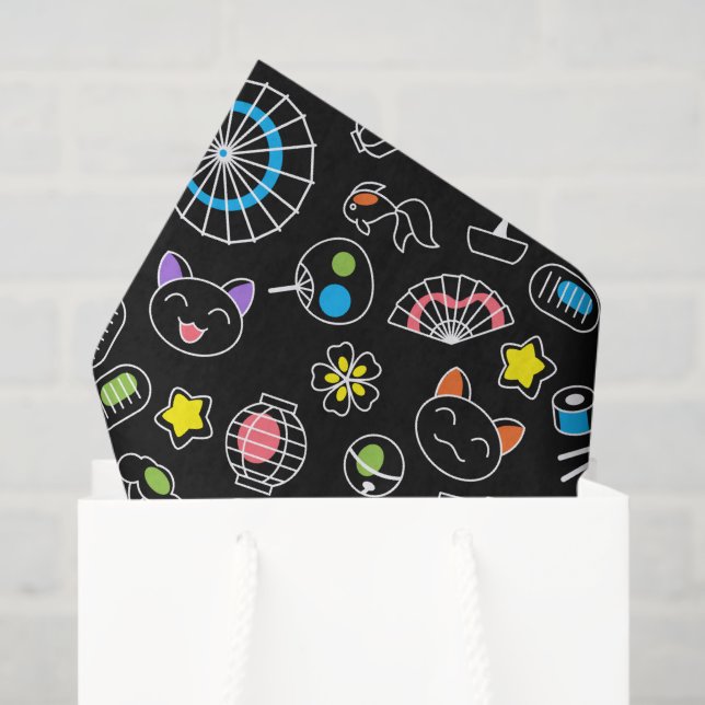 Papel De Seda Dodles de cultura kawaii japoneses em preto (Sacola de presentes)