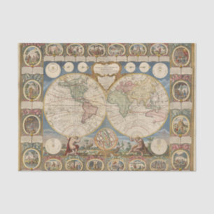 Papel De Seda Dois Mapas Históricos Globos com Vignettes