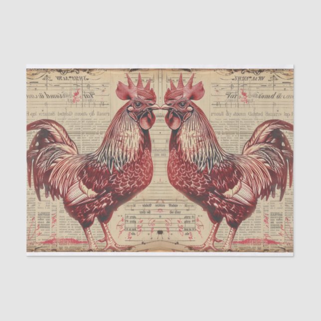Papel De Seda Dois Red Rooster Chickens Farmland Decoupage (Frente )