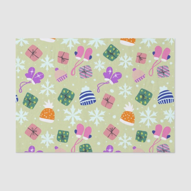 Papel De Seda Doodle Christmas Winter Glove Gifts Hats Green (Frente )