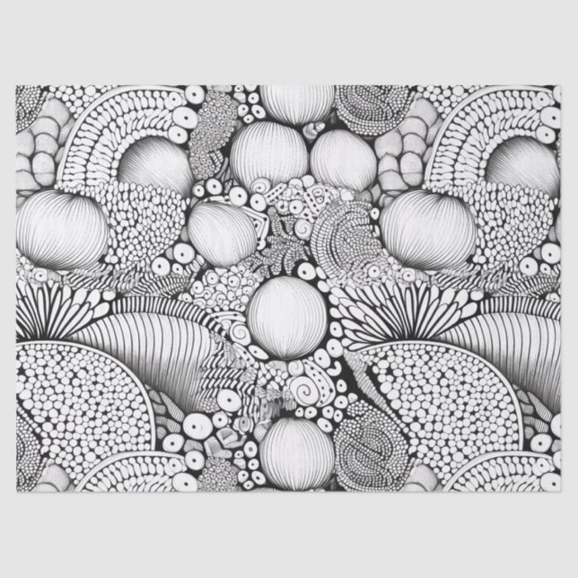 Papel De Seda Doodle Geométrico Preto e Branco Abstrato (3) (Frente )
