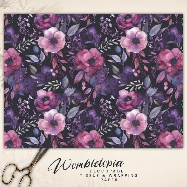 Papel De Seda Dose de Anêmona Rosa Floral Escuro e Roxo (Criador carregado)
