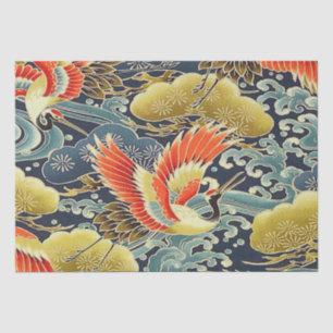 Papel De Seda Dourada Pássaro Azul Japonês Kimono Floral Decoupa