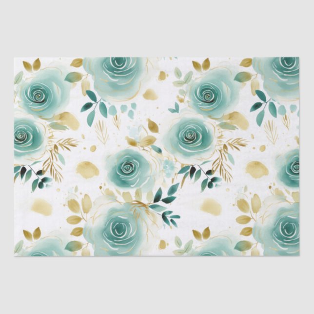 Papel De Seda Dourada Rosa Floral de Mint Green (Frente )