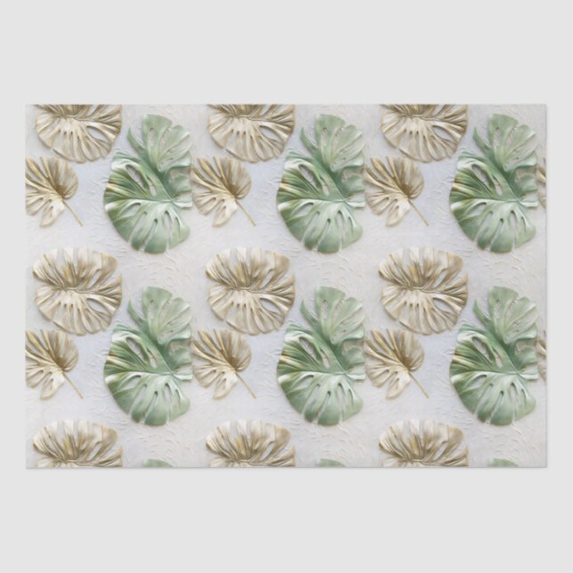 Papel De Seda Douradas Folhas Tropicais Brancas Verde (Frente )