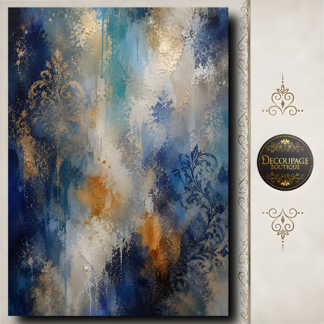 Papel De Seda Dourado Azul Damask Decoupage Textura Abstrata (Blue Gold Damask Decoupage Abstract Texture Tissue Paper)