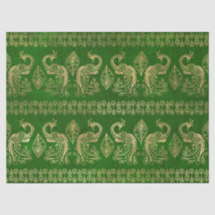 Papel De Seda Dourado Boho Peacocks em Verde Brilhante