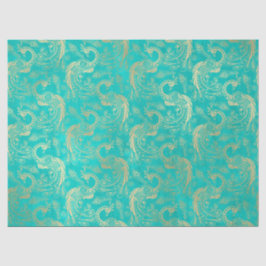 Papel De Seda Dourado Boho Peacocks na Desmontagem Aqua