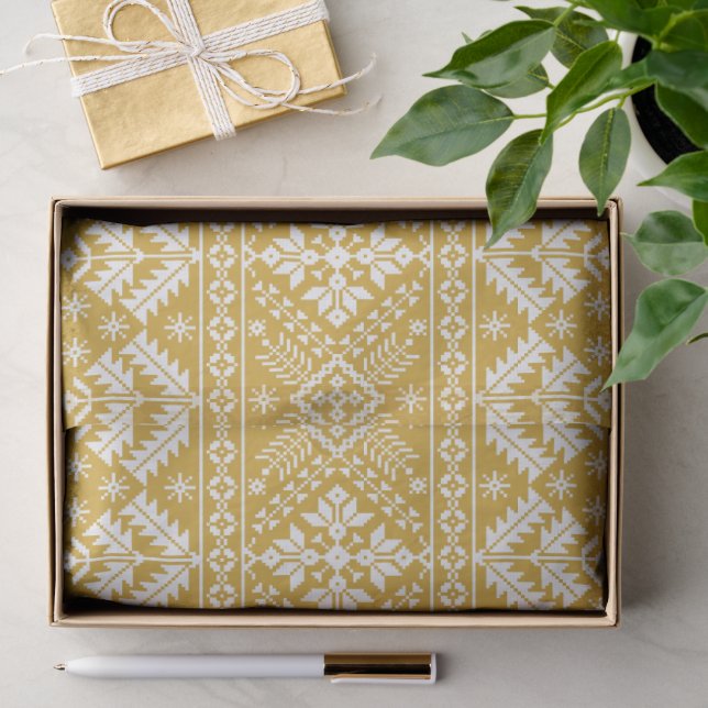 Papel De Seda Dourado Branco Floco de Neve & Floral Fair Isle Na (Presente)